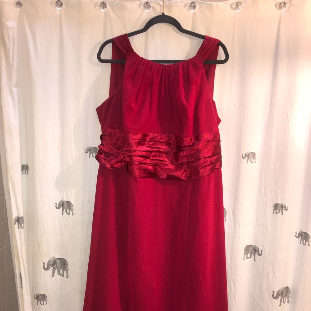 A classic red David’s Bridal Bridesmaids Dress.